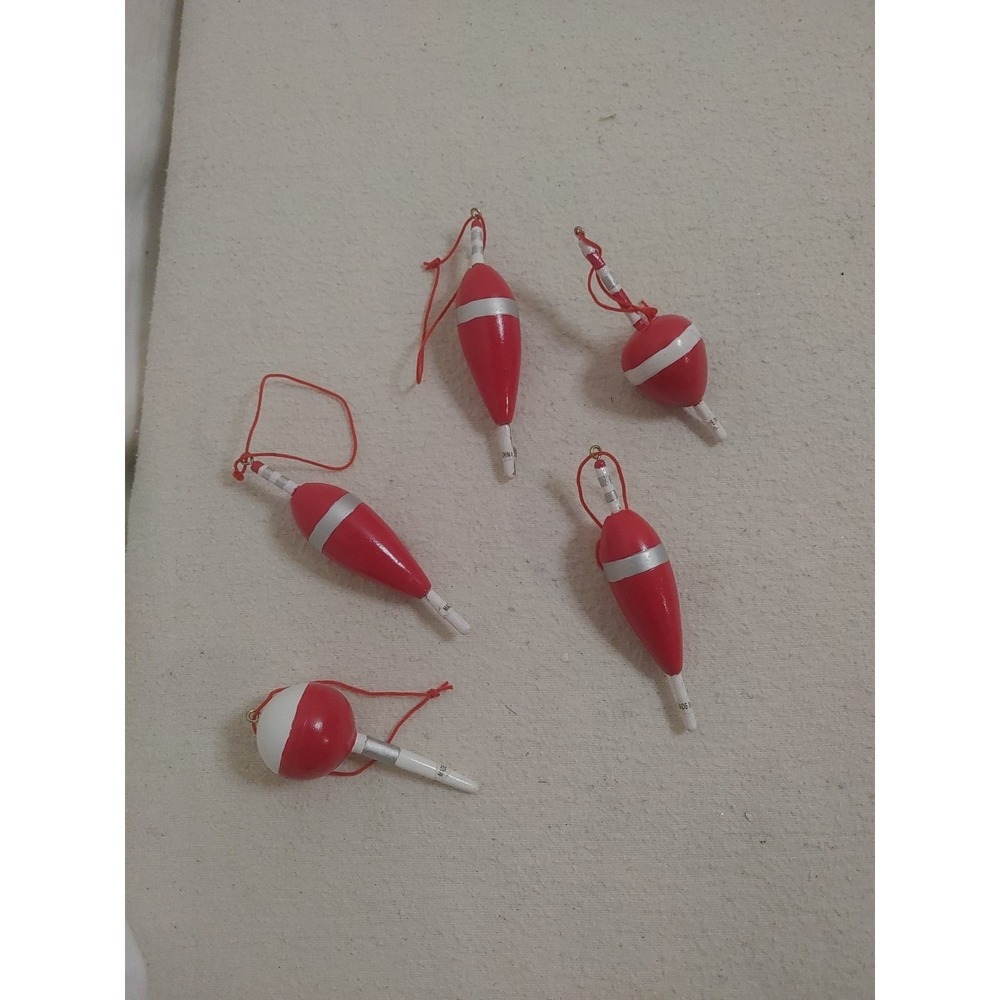 Fishing Bobbers Christmas Ornaments Folk Art Assorted 5 Fisherman Red‎ White